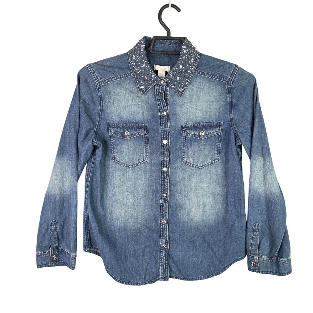 Womens Chicos Rhinestone Embellished Collar Denim Shirt Button Up Cotton Size 0